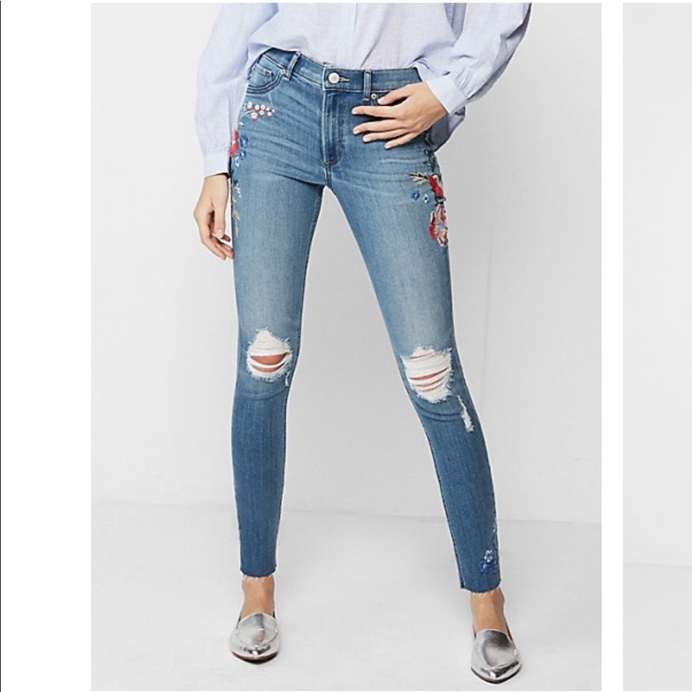 Embroidered High Rise Ankle Skinny Jeans